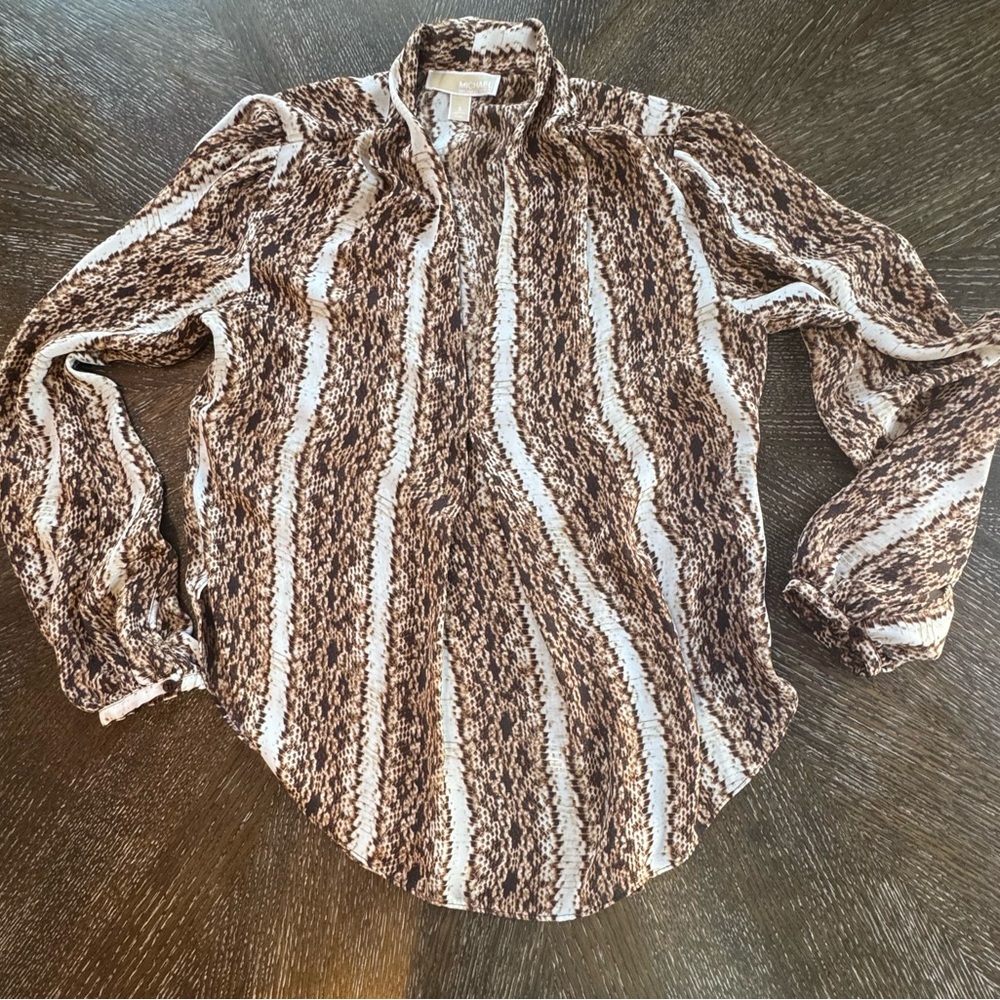 Michael Kors Brown & Cream Striped Casual Button-Down Shirt